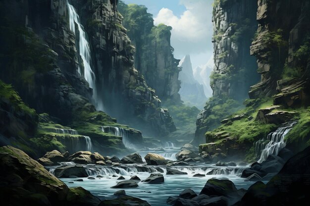 A breathtaking waterfall surrounded by lush greenery in a serene forest setting AI