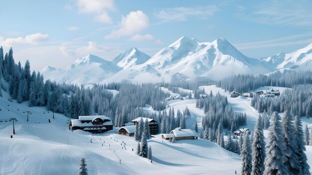 Breathtaking Winter Wonderland with Bustling Ski Resort and Snow Capped Trees