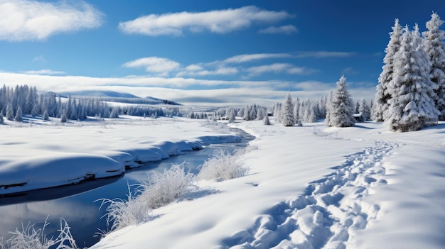 Breathtaking Winter Wonderland with Frosty Trees and Stream