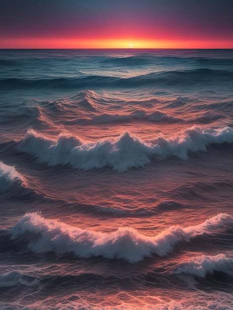 A breathtakingly beautiful sunset over a vast ocean illuminated by a mysterious bioluminescence