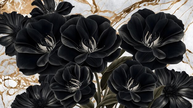 A breathtakingly detailed illustration of dark velvety black flowers set against a lush highcontras