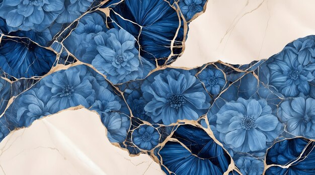 A breathtakingly detailed illustration of a deep blue Flowers marble texture background