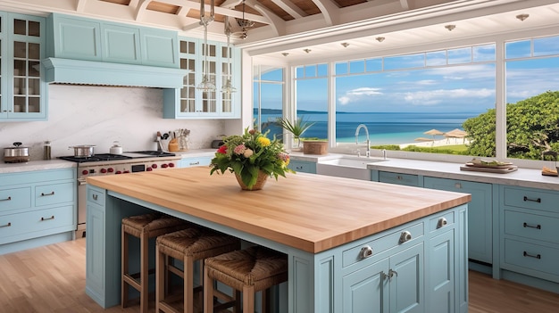 Photo breezy coastal kitchen with stunning sea views beachfront elegance