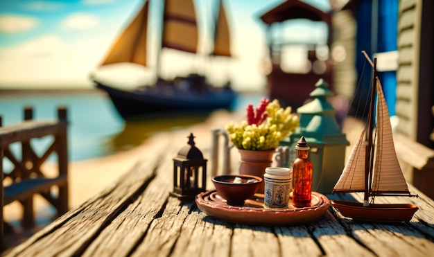 A breezy dock with a sailboat a picnic lunch and a distant view of the horizon