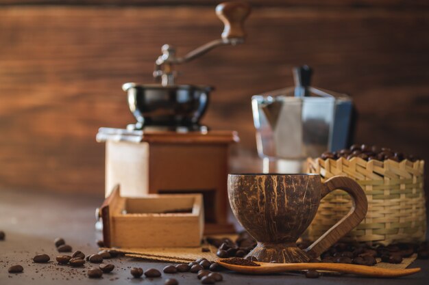 Brew black coffee in coconut cup and morning lighting.