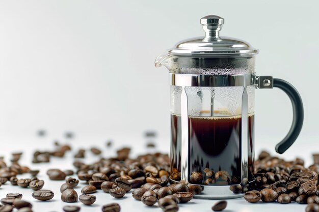 Brewing a Coffee in a French Press Plunger Black Coffee Beans Isolated White Background