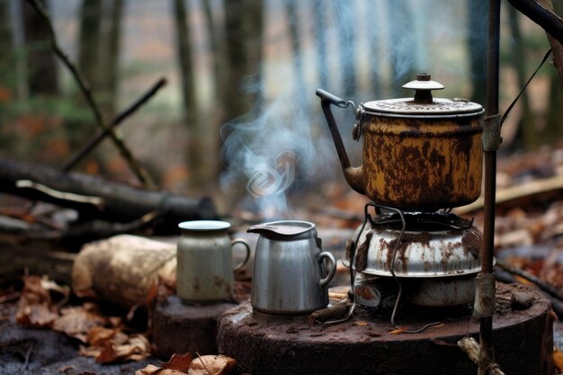 Brewing coffee in a vintage enamel pot on a camp stove created with generative ai