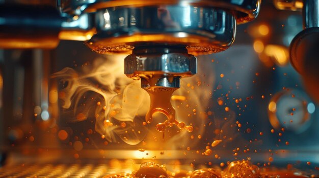 Brewing espresso with intricate details and warm lighting