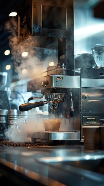 Brewing espresso with steam at a cozy cafe in the morning