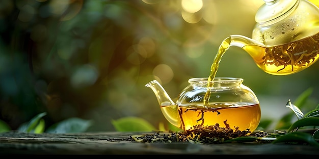 Brewing tea Closeup of yellow liquid and tea leaves in a glass teapot39s spout handle Concept Food Photography Closeup Shots Tea Time Glass Teapot Yellow Liquid