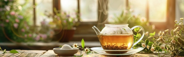 Brewing tea in a glass teapot beside a blooming garden on a sunny afternoon capturing warmth and tra