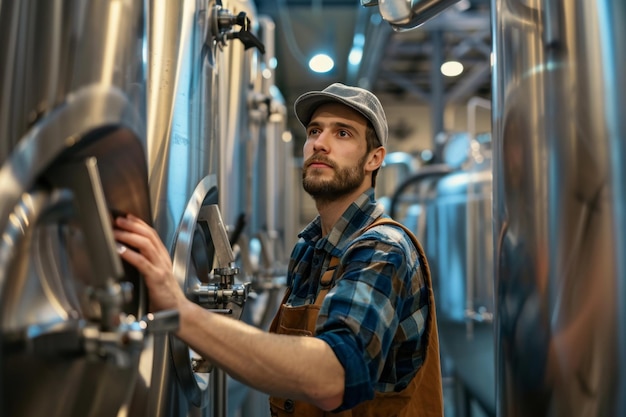 Brewmaster inspecting brewery equipment