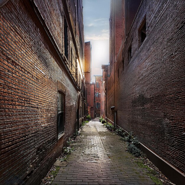 Photo a brick alley with a brick wall and a brick building with a sign that says the word on it