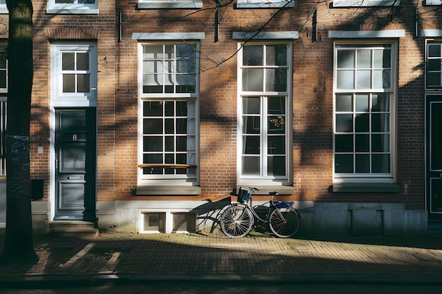 Photo a brick building with a bicycle parked in front of it