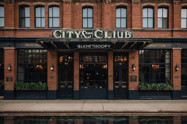 a brick building with a black awning that says city club