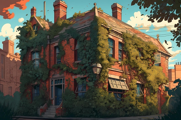 Brick building with ivy climbing up the walls digital art illustration