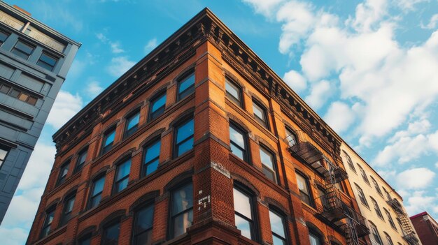 Photo a brick building with a red roof and windows