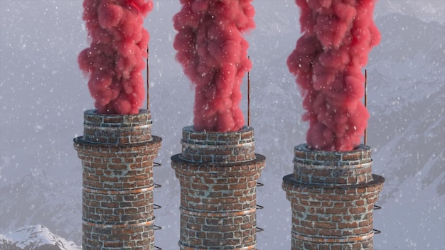 brick chimney on the against the backdrop of a snowy mountain landscape environmental