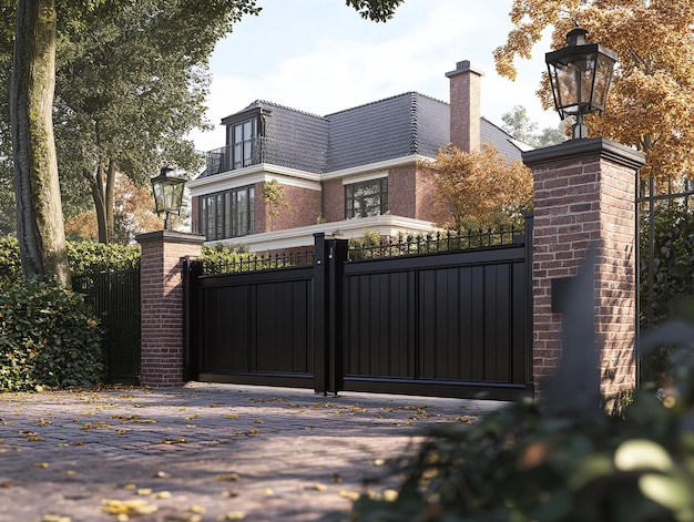 a brick house with a black gate that says quot welcome to the gate quot