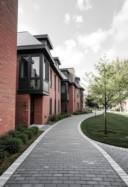 Photo a brick paved road with a brick building and a brick walkway