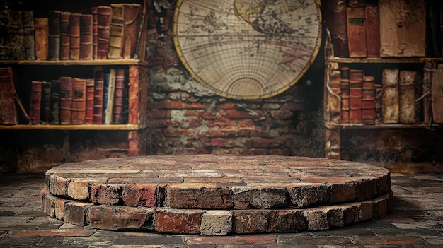 Brick Platform in Vintage Setting with Antique Books and Map