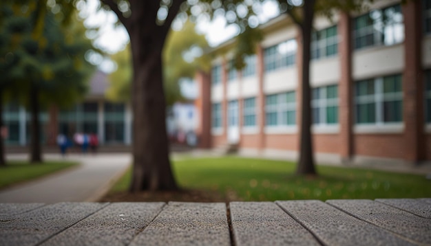 a brick sidewalk with a tree in front of it