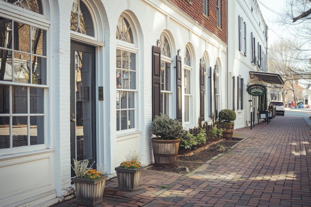 Brick walkway lined with charming storefronts Quaint and picturesque urban shopping district