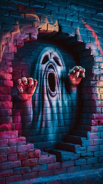 brick wall adorned with vibrant graffiti art depicting a ghost seemingly trapped within the bricks