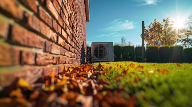 Photo brick wall and autumn leaves with air conditioner