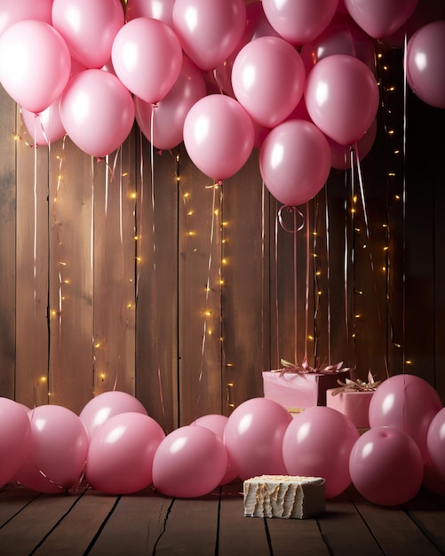 a brick wall background adorned with lights and pink balloons