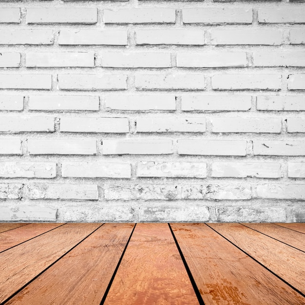 brick wall background with retro brown wood tabletop