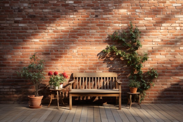 brick wall a bench and a chair together