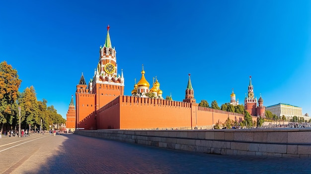 A brick wall the Kremlin with clock tower and church against a clear blue sky