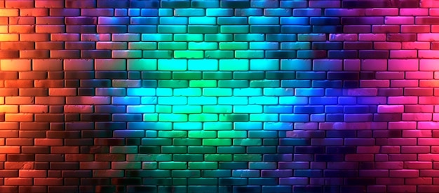 Photo brick wall pattern background with colorful futuristic neon lights generative ai