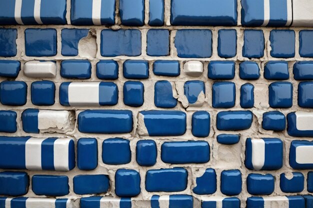 Photo a brick wall with blue and white bricks and a blue and white stripe