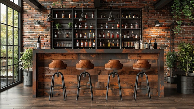 Photo a brick wall with a brick wall and bar stools and a brick wall with a sign saying quot liquor quot