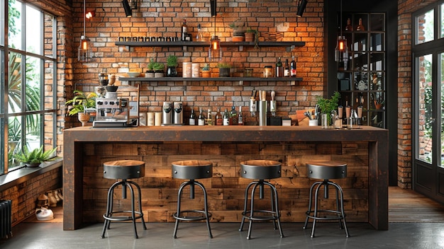 Photo a brick wall with a brick wall and a bar with stools and a brick wall