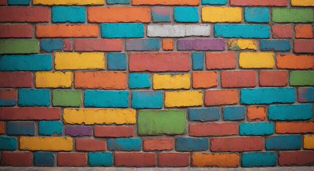 Photo a brick wall with colored bricks and a yellow and blue one