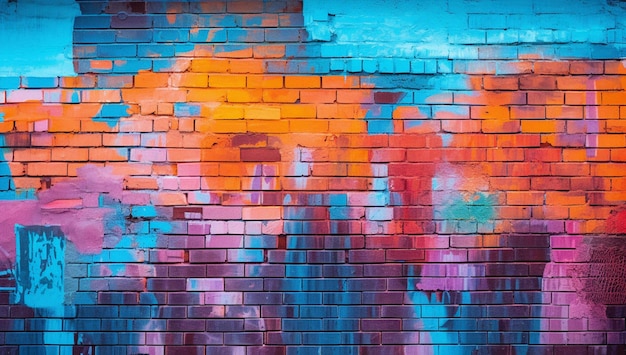 A brick wall with a colorful graffiti on it.