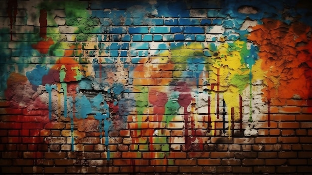 A brick wall with a colorful graffiti on it.