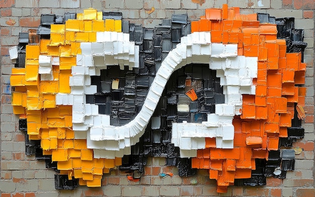 a brick wall with a face made of legos and oranges