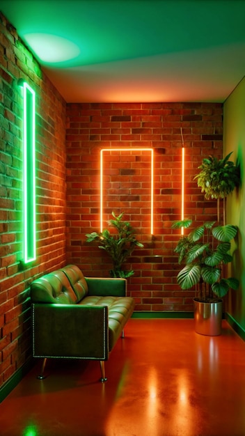 Photo a brick wall with a green light on it and a couch in the corner