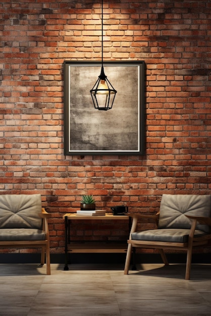 a brick wall with a lamp hanging from it