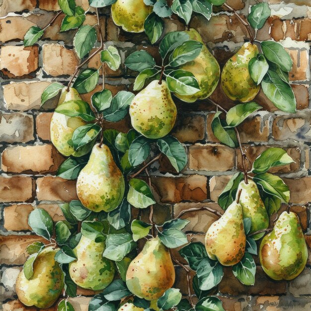 Photo a brick wall with pears hanging on it and a brick wall with green leaves