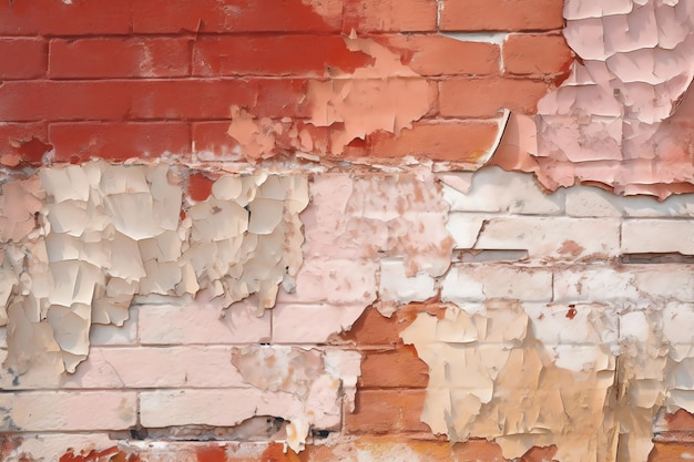 A brick wall with peeling paint and a red brick wall