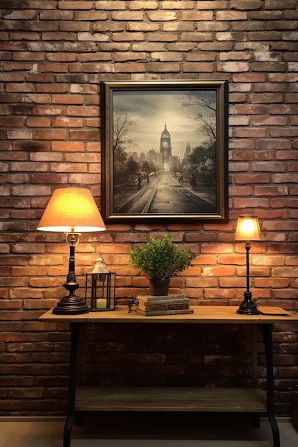 a brick wall with a picture of a church in the background