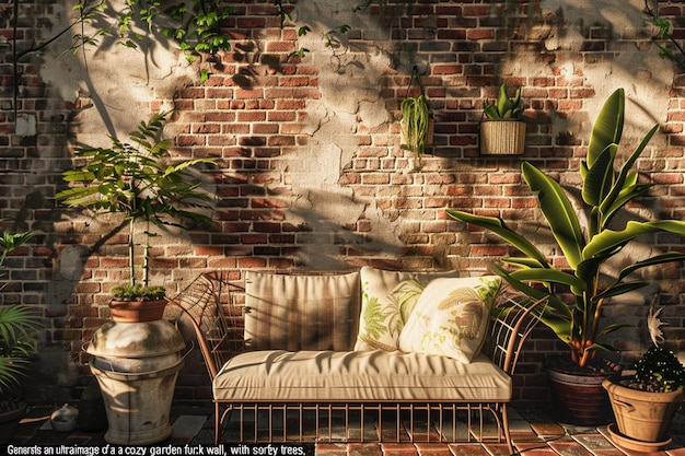 Photo a brick wall with a plant and a couch with a plant in it