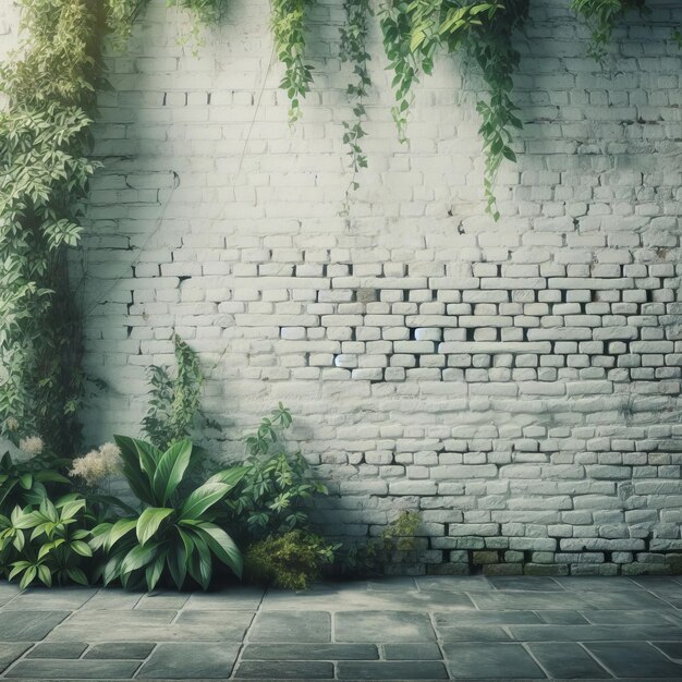 a brick wall with plants and a brick wall with a plant on it