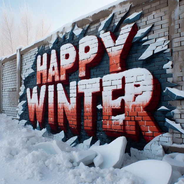 A brick wall with a sign that says happy winter in red letters