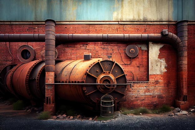 A brick wall with a weathered and worn texture against an industrial landscape of metal pipes and machinery